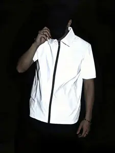 Men's Casual Reflective Jacket, Night Glow Short Sleeve Hooded Coat, Silver Color Unisex Summer Outerwear, Plain Fitted Style
