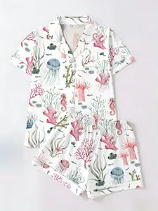 Ocean Life Printed Sleepwear Set, Short Sleeve T-Shirt & Shorts Cardigan Two-Piece, Casual Fitted Home Wear, All Seasons, Pajama Set