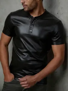 Men's t shirts - Men Black PU Leather Short Sleeve Henley Shirt Casual Night Out Wear t shirt for men summer men clothes vacation clothes men's clothing summer outfits male clothing spring and summer clothes clothes for men vacation outfit Menswear Top