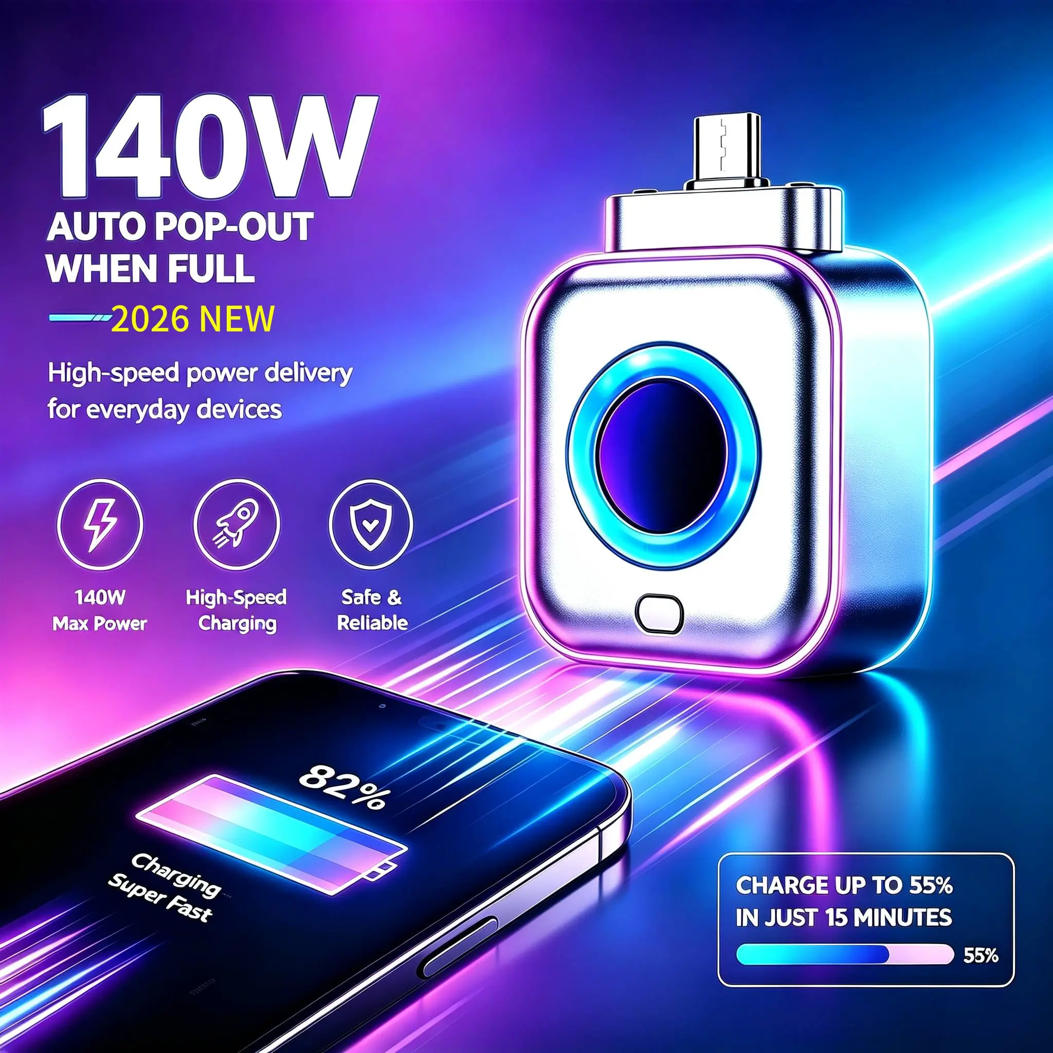 140W Type-C Physical-Disconnect Battery Guard - Automatic Electronic Device Charger with Auto-Eject, Smart Auto-Stop, Anti-Overcharge Tech for Safe Overnight Use (for Smartphones, Laptops, Tablets)