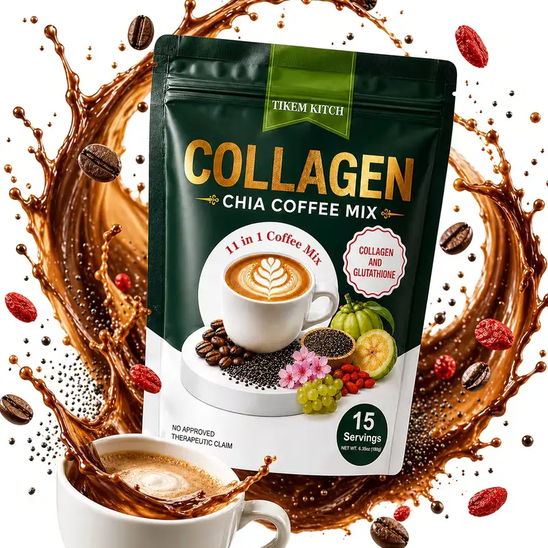 180g Chia & Collagen Instant Coffee Blend - 15-Serving 11-in-1 Mix with Glutathione, Smooth Fruity Flavor, Easy Hot or Iced Morning Beverage