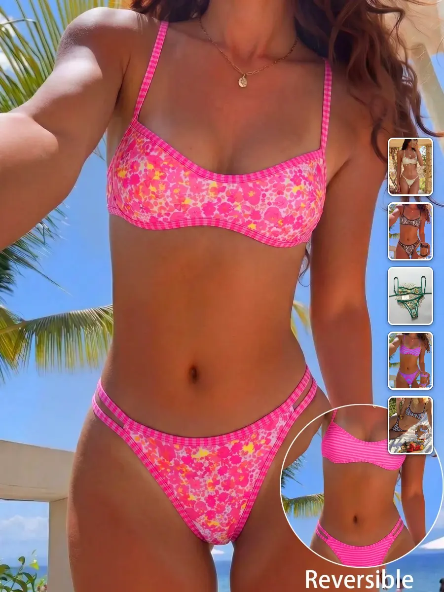 RUTMAN Bikini set reversible bandeau micro bikini floral striped beach vacation summer outfit