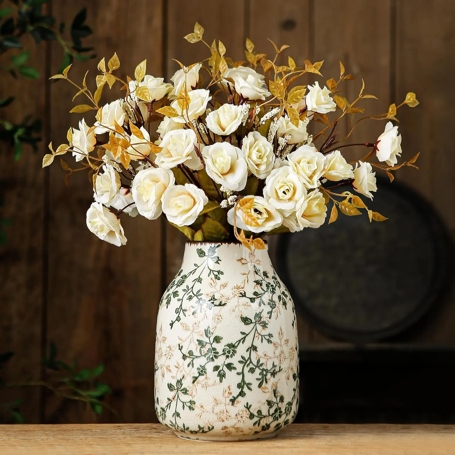 7.8 inches Rustic Green Vintage Porcelain Decorative Vase - Handmade Chinoiserie Floral Ceramic Cottagecore Home Decor, Waterproof Farmhouse Centerpiece, Gift-Ready Flower Holder for Living Room, Mother's Day, Home Supplies, Decorative Vases, Ceramic Vase