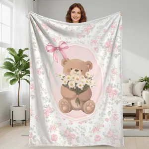 Cute Teddy Bear Flannel Blanket with Floral and Ribbon Print Soft Cozy Lightweight Throw Warm Decorative Bedding Perfect for Sofa Bedroom Living Room Office Anniversary and Gift Giving