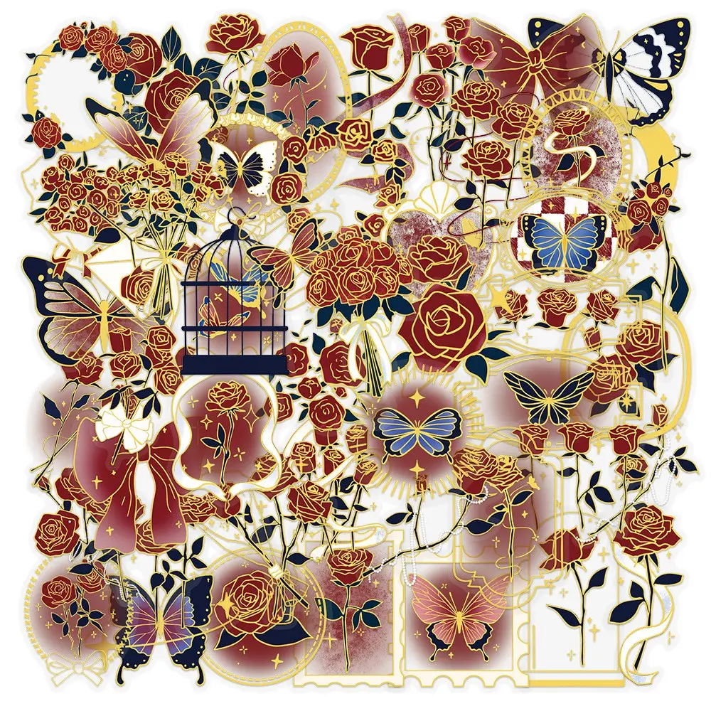 50Pcs Rose Gold Foil Stickers  Flower Stickers for Scrapbooking PET Nature Plant Sticker Floral Stickers Colorful Vintage Craft Sticker for Journaling Scrapbooking Clear Flowers Decals Decoration Sticker (Flower)