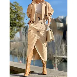 Fashion two-piece sets for office ladies: tracksuit/streetwear cargo set featuring a long-sleeve jacket and a wrap high-slit skirt suit