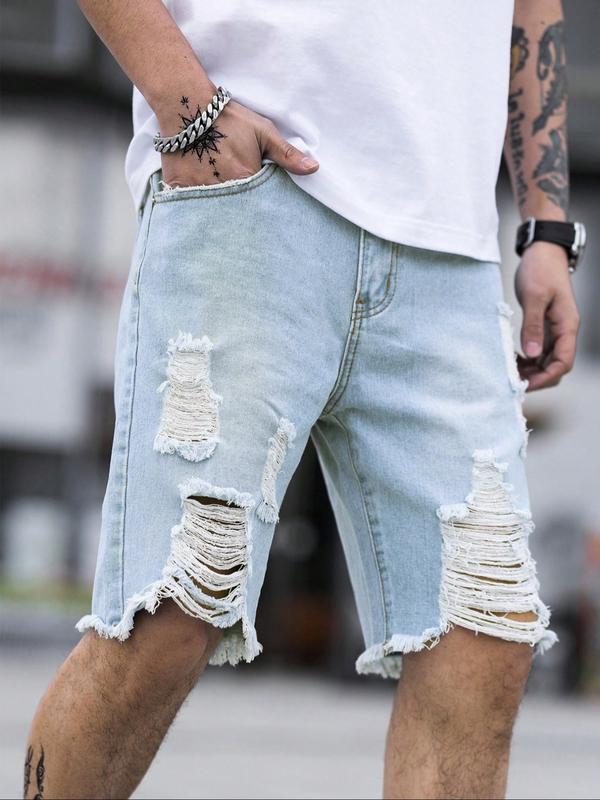 Plus Size Men's Casual Fashion Straight Leg Jeans, Street Style Ripped Denim Shorts, Perfect for Summer Daily Wear