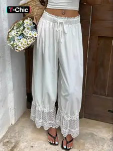 Women's solid color lace patchwork pants, Womenswear, Aesthetic, Chic, elegant, casual and loose, suitable for daily vacations, gatherings, shopping, suitable for all seasons as bottoms