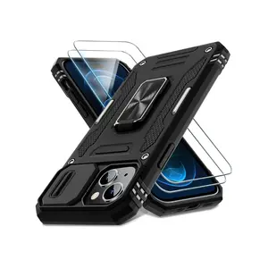 iPhone 15 Case with Slide Camera Cover & Screen Protector (2-Pack) – Military-Grade Shockproof Cover with Rotatable Ring Kickstand, Drop-Proof, Full Protection for iPhone 15