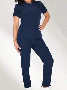 1 Women's Slim Fit Scrub Set, Womenswear, Functional Nurse Uniforms, V Neck Short Sleeve Top With Multiple Utility Pockets, Soft Stretch Fabric Tapered Straight Leg Pants, Medical Suit, Ideal For Hospital Clinic And Healthcare Professionals
