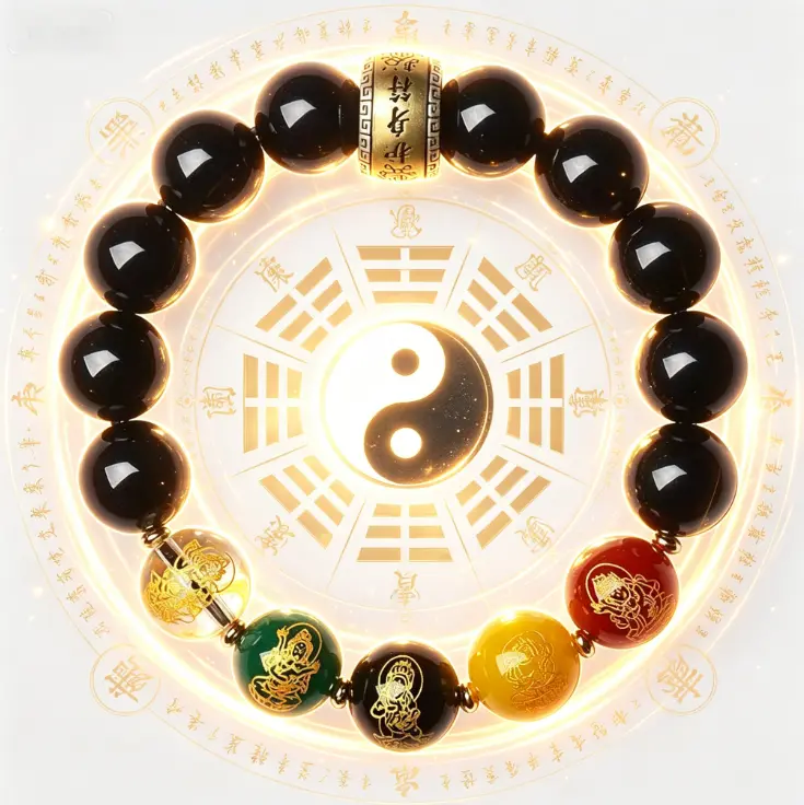 Handmade Bracelet, Handcrafted Hand-Polished Obsidian Beaded Strand - 5 God Beads, Rotatable Taoist Amulet with Symbols for Abundance, Positive Energy, Bracelets Jewelry