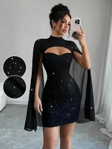 2026 New Model Fashion Sexy Mini Bodycon Dress, Shawl Net Design, Chic Cape Sleeves & Shiny Sequins, Trendy Holiday Party Fall Winter Gown, Womenswear, Daily Wear, Warm Style, Wardrobe Essential, Hourglass Style