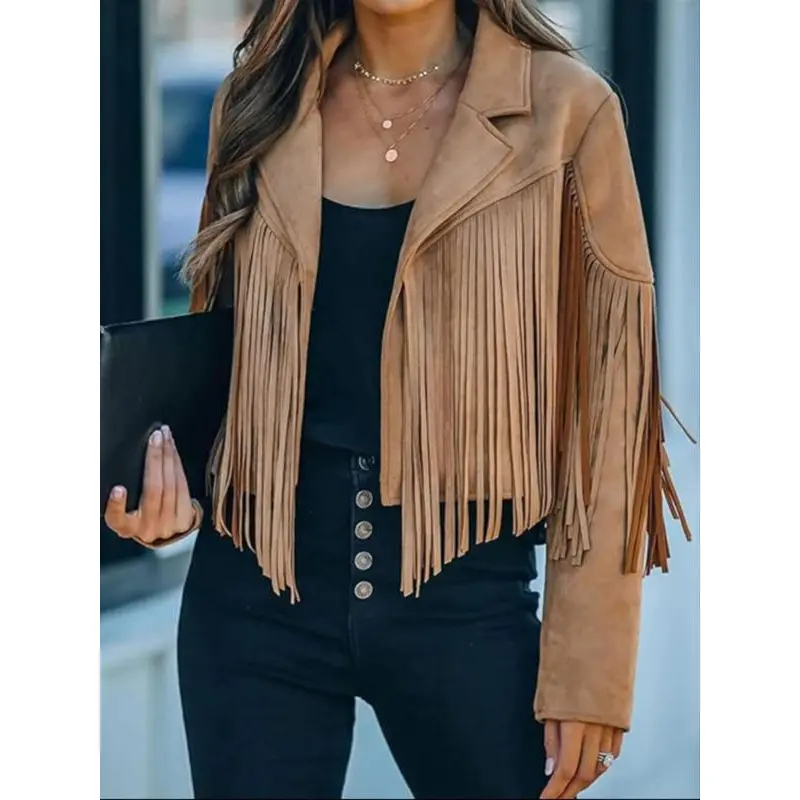 Women's Solid Color Fringe Trim PU Leather Jacket, Casual Long Sleeve Collared Outerwear for Spring & Fall, Ladies Clothes for Daily Wear