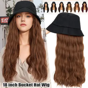 18 inch Bucket Hat Wig Long Natural Wavy Hair Extensions Cap with Hair Attached for Women With Hat Heat Resistant Synthetic Fiber Extensions Water Wavy