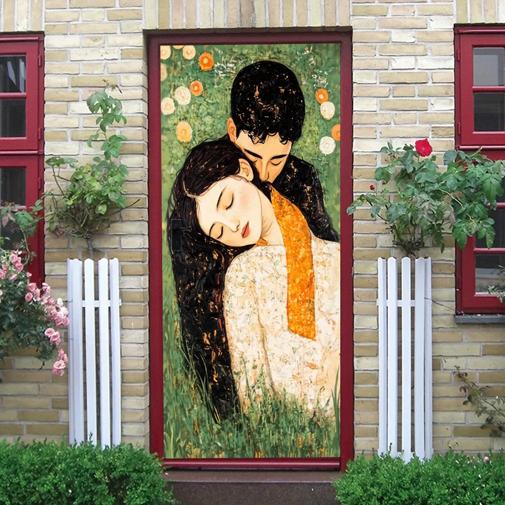 2pcs Romantic Couple Embrace Art Wall Sticker Removable Self-Adhesive PVC Decorative Decal for Bedroom Living Room Home Interior Decoration Style Flower Background Wall Art Mural