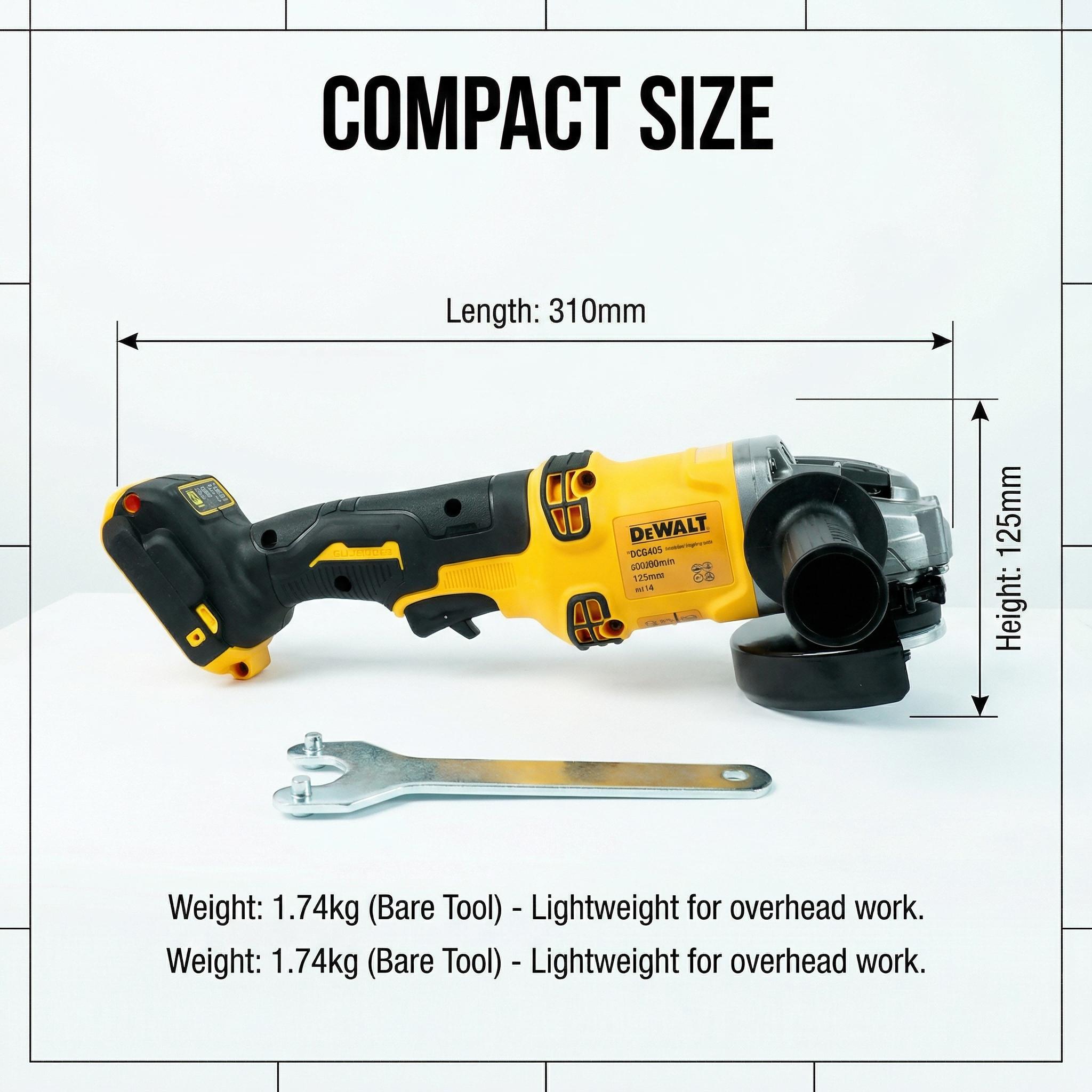 Dewalt DCG405-125 20V Brushless Angle Grinder – 9000 RPM, 125mm Max Wheel Diameter – Slide Switch Design with 9 Angle Positions for Metal & Masonry Cutting