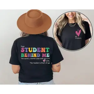 Graphic Statement Tee with “THE STUDENT BEHIND ME” Back Print and Heart on Chest, Short Sleeve