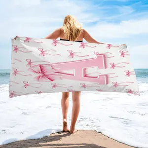 Pink Bow Letter A-Z Beach Towel, Sweet Princess Coquette Pool Towel, Girly Aesthetic Camping Towel, Soft Quick Dry Sand Free Bath Towel Blanket for Kids Girls, All-Purpose Towel for Beach Pool Holiday