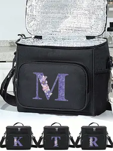 Insulated Lunch Box Bag, Multifunctional Insulated Bag, Shoulder Canvas Thermal Initial Name Purple Letter Flower Printing Large Capacity Tote Bag For Women's Portable Work Food Storage School Supplies Accessories Bag