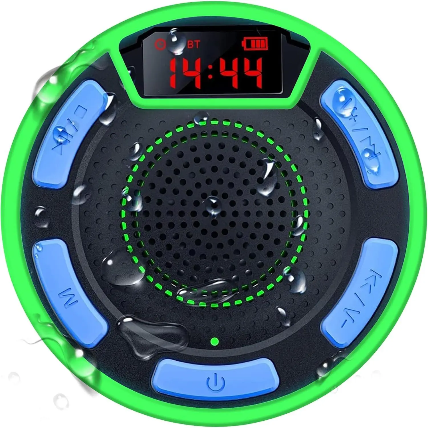 IPX7 Portable Bluetooth Speaker with LED Display, FM Radio, Suction Cup, Light Show, Loud Stereo Sound, Deep Bass, Lanyard, Default Functionality for Shower, Party, Outdoors