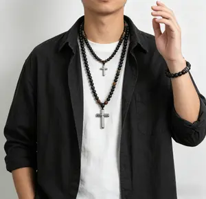 Tiger's Eye Matte Black Beaded Cross Pendant Necklace + Bracelet Set | Unisex Stainless Steel Religious Jewelry, Hypoallergenic, Nickel-Free & Lead-Free, Anti-Tarnish & Fade-Resistant, 70cm/20cm Length, 8mm Beads, The Perfect Gift for Your Loved One