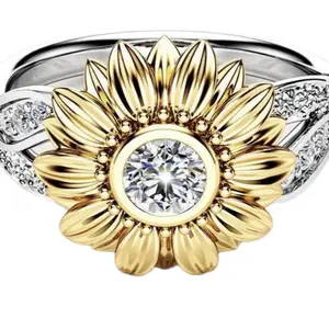 Silver Crystal Sunflower Vortex Ring with Gold Floral Design and Sparkling Crystal Centerpiece - Symbolic Design, Sunflower, Vortex, Reflects Joy, Beauty, Energy Alignment