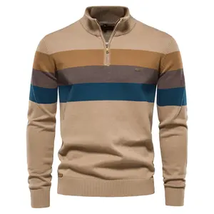 Fashionable autumn and winter men's half zipper men's sweater pullover striped patchwork sweater