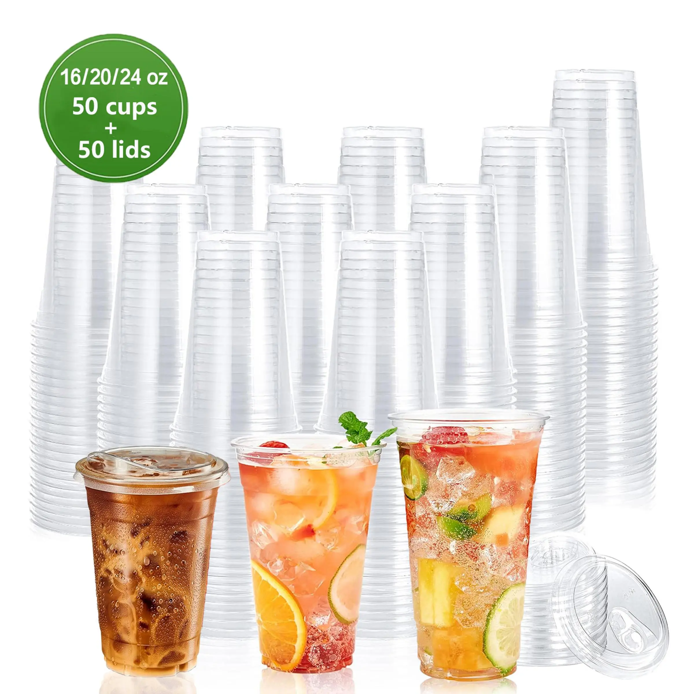 Disposable Plastic Cup with Lid, 50 Set Clear Cup with Direct Drinking Lid, Disposable Tableware for Wedding, Restaurant, Party, Picnic, Disposable Coffee Cups with Lids, Clear Plastic Cups, Plastic Cups with Lids