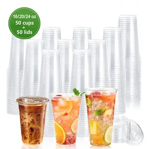 Disposable Plastic Cup with Lid, 50 Set Clear Cup with Direct Drinking Lid, Disposable Tableware for Wedding, Restaurant, Party, Picnic, Clear Plastic Cups