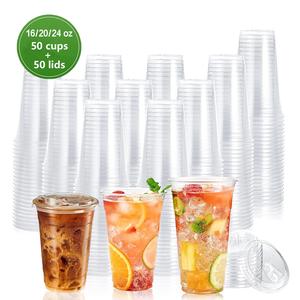 disposable clear plastic cups with lid, 50 set clear cup with direct drinking lid, disposable tableware for wedding, restaurant, party, picnic