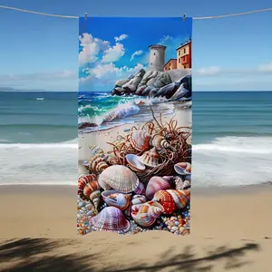 1 beach towel with seaside town and beach shell patterns, a lightweight, soft, and sand-proof blanket, a must-have for summer beaches!