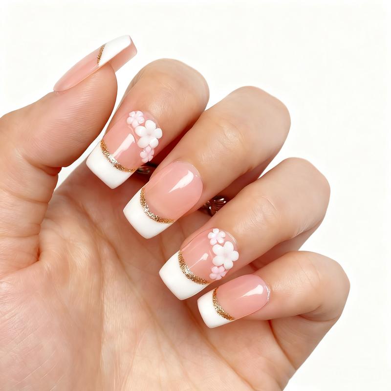 Reusable Press-On Nails Glossy Gel Finish Short Coffin Almond Easy Apply Remove Strong Hold Nail Kit for DIY Home Manicure with Nail File Glue and Storage Box