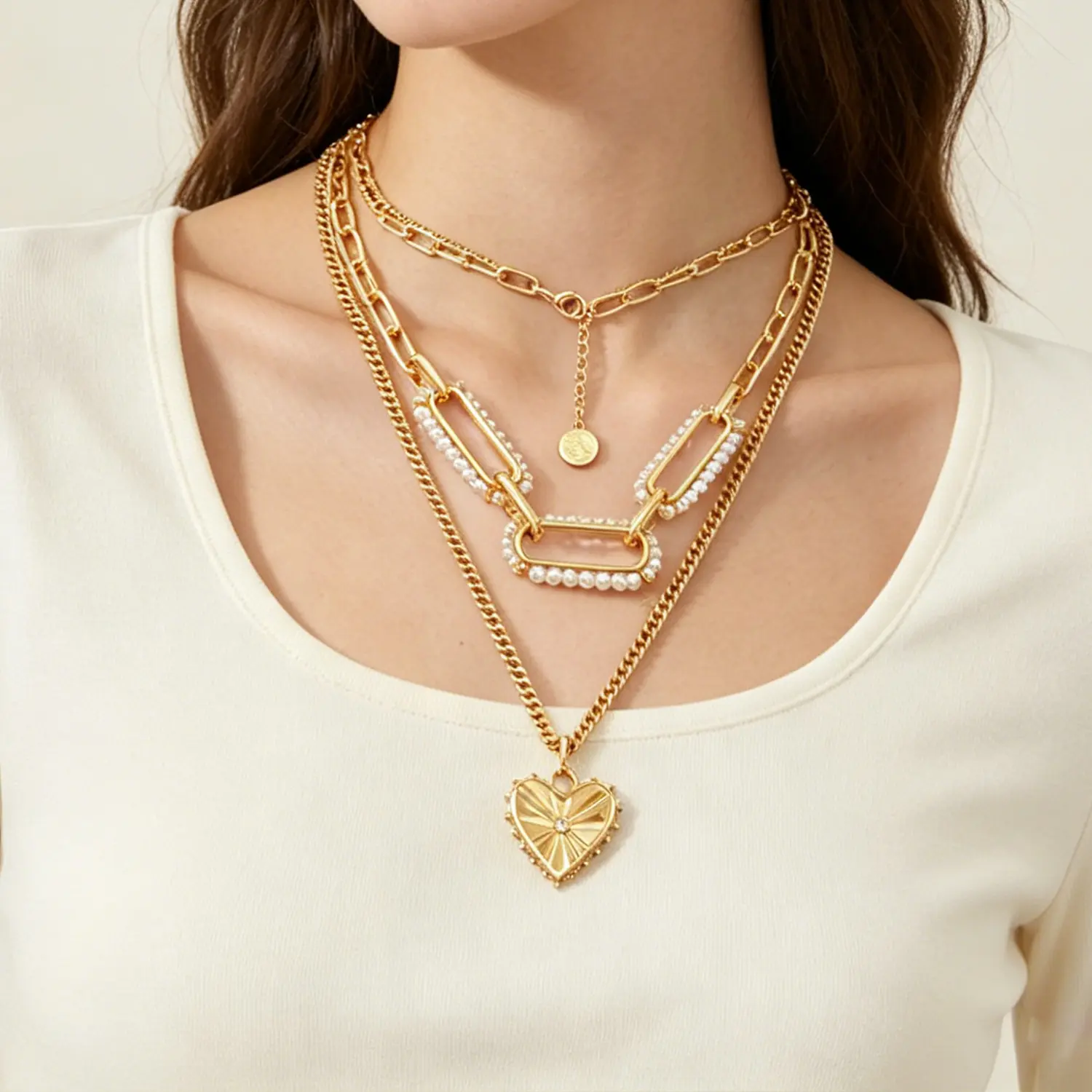 Women's gold layered heart pendant necklace, pearl paperclip chain, vintage-style everyday jewelry; casual, chunky chain necklace, delicate link chain necklace.