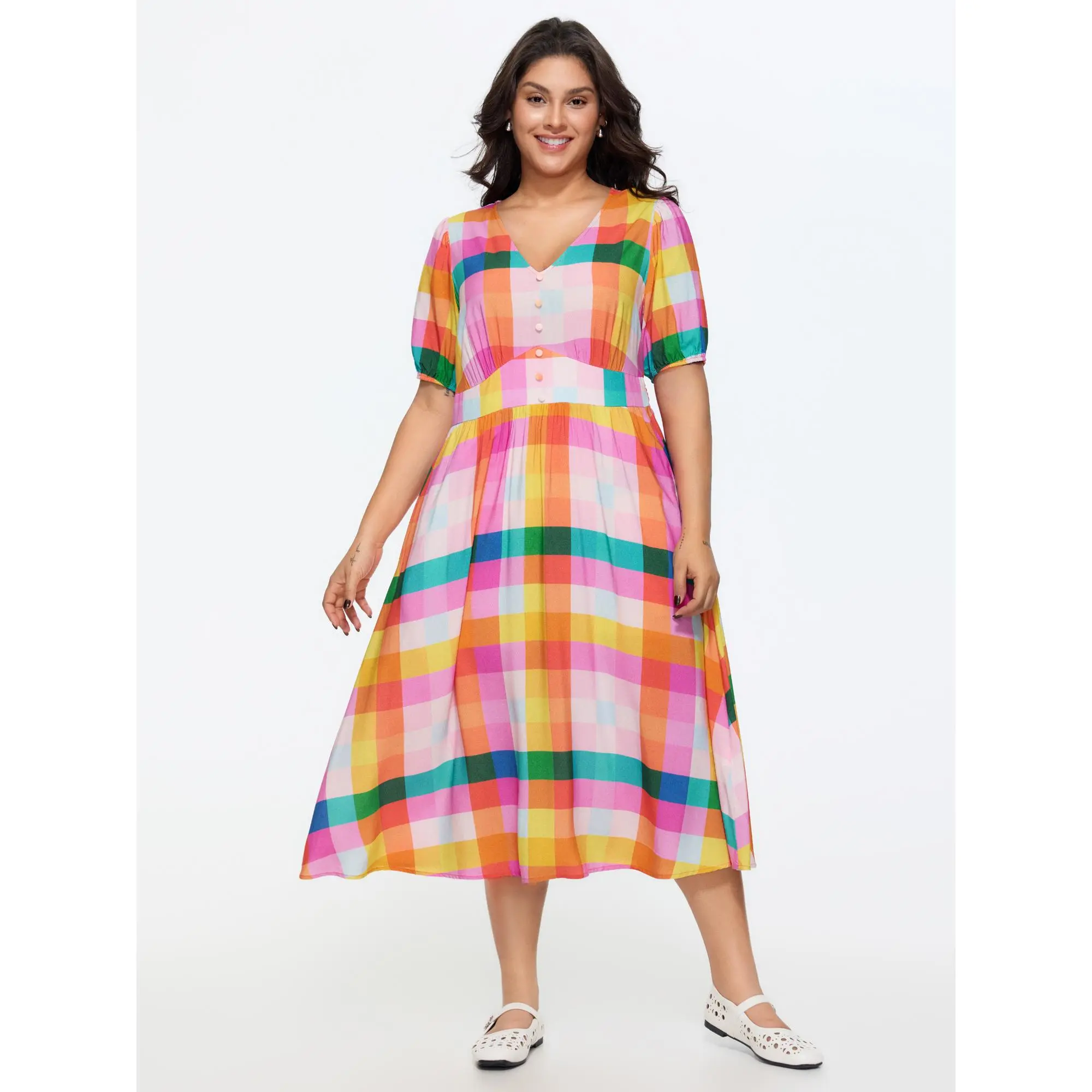 BLOOMCHIC Women's Plus Size Short-Sleeve Multicolor Colorblock Plaid Print Casual Midi Dress, Shirred Waist, Front Buttons, Comfortable Fabric, Flattering Fit, Size M-6X, 2026 Summer Finds