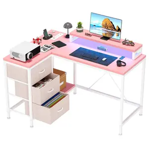 【Christmas Gift】Pink L Shaped Desk with Power Outlets & LED Lights, Computer Desk with Drawers & Shelves, Corner Desk Gaming Desk Home Office Desk