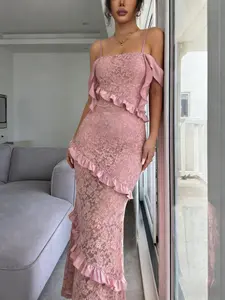 Spring Summer Sweet Spicy Feminine Lace Dress, Off-Shoulder Halter Ruffle Bodycon Mermaid Long Dress, Women's Summer Party Dress