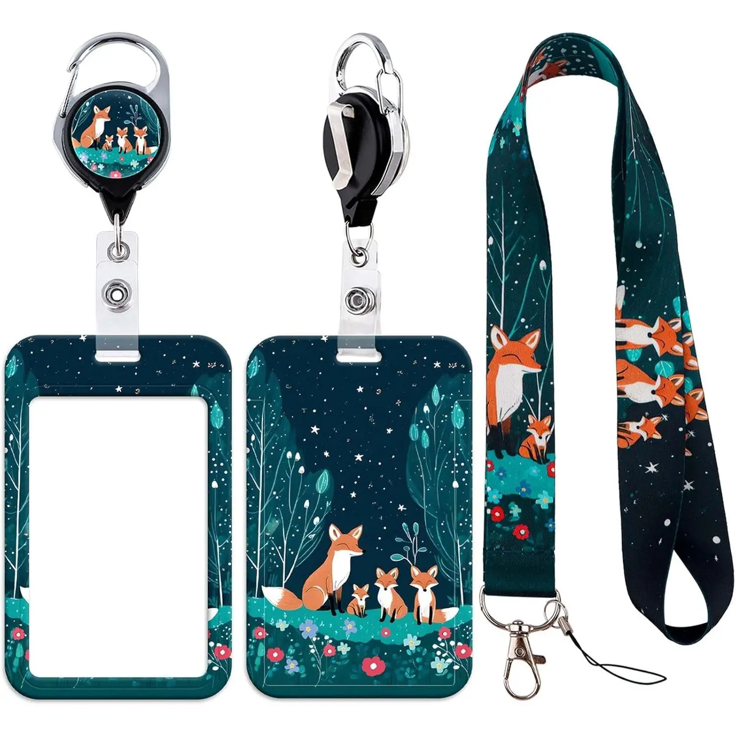 Cute Lanyard with Badge Holder for Teacher, Galaxy Fox Retractable Reel Clip Lanyards for ID Name Cards