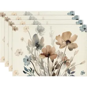 4/6pcs Brown Poppy Floral Leaves Fall Placemats Set of 4, 12x18 Inch Seasonal Spring Table Mats for Party Kitchen Dining Decoration