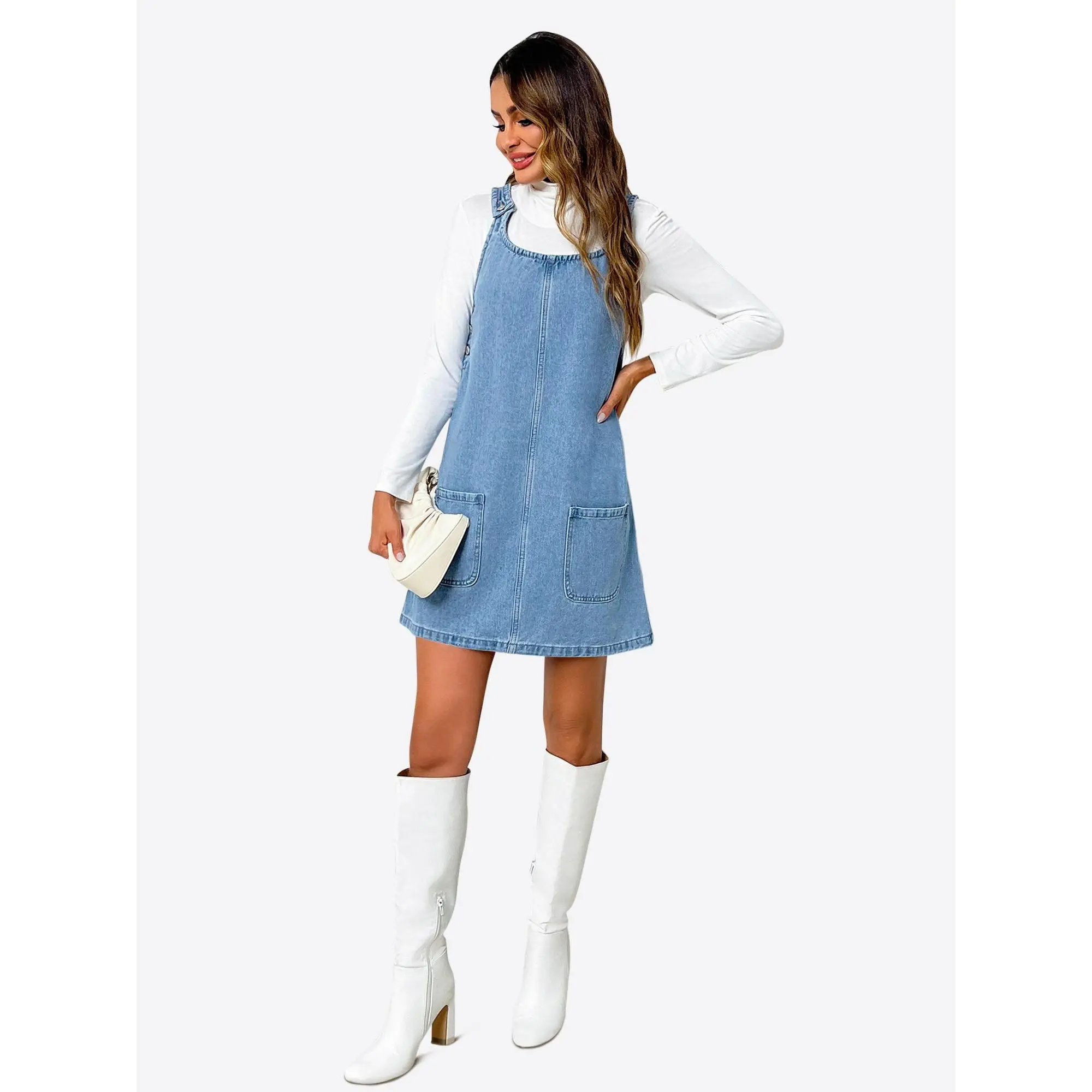 Women's Basic Loose-Fit Denim Pinafore Dress - Sleeveless Crew Neck, Pocketed Denim Fabric, Multi-Size for Going Out, Casual Everyday Wear