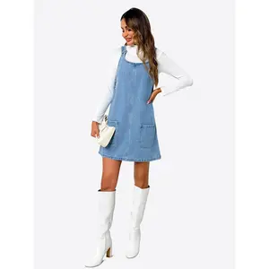 Women's Sleeveless Casual Denim Dress Crewneck Vintage Loose Jean Overall Dress with Pockets Above The Knee Summer Style