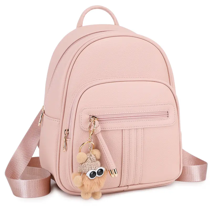BAGOK Women's PU Leather Backpack Purse - Cute Chic Plain Mini Bag with Tassel Fringe, Character Doll Charm, Adjustable Straps, Adjustable Lightweight Design, Detachable Shoulder Strap, Built-in Organizer for School, Travel, Daily Use
