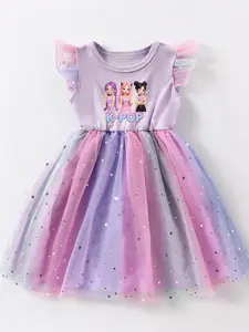 Girls' Short Sleeve Casual Glitter Mesh Dress, Summer Princess Style K-Pop Fashion, Knee Length, popular fashion k-pop girls group print, girls gift, Perfect for Daily Wear & Special Occasions, summervibes