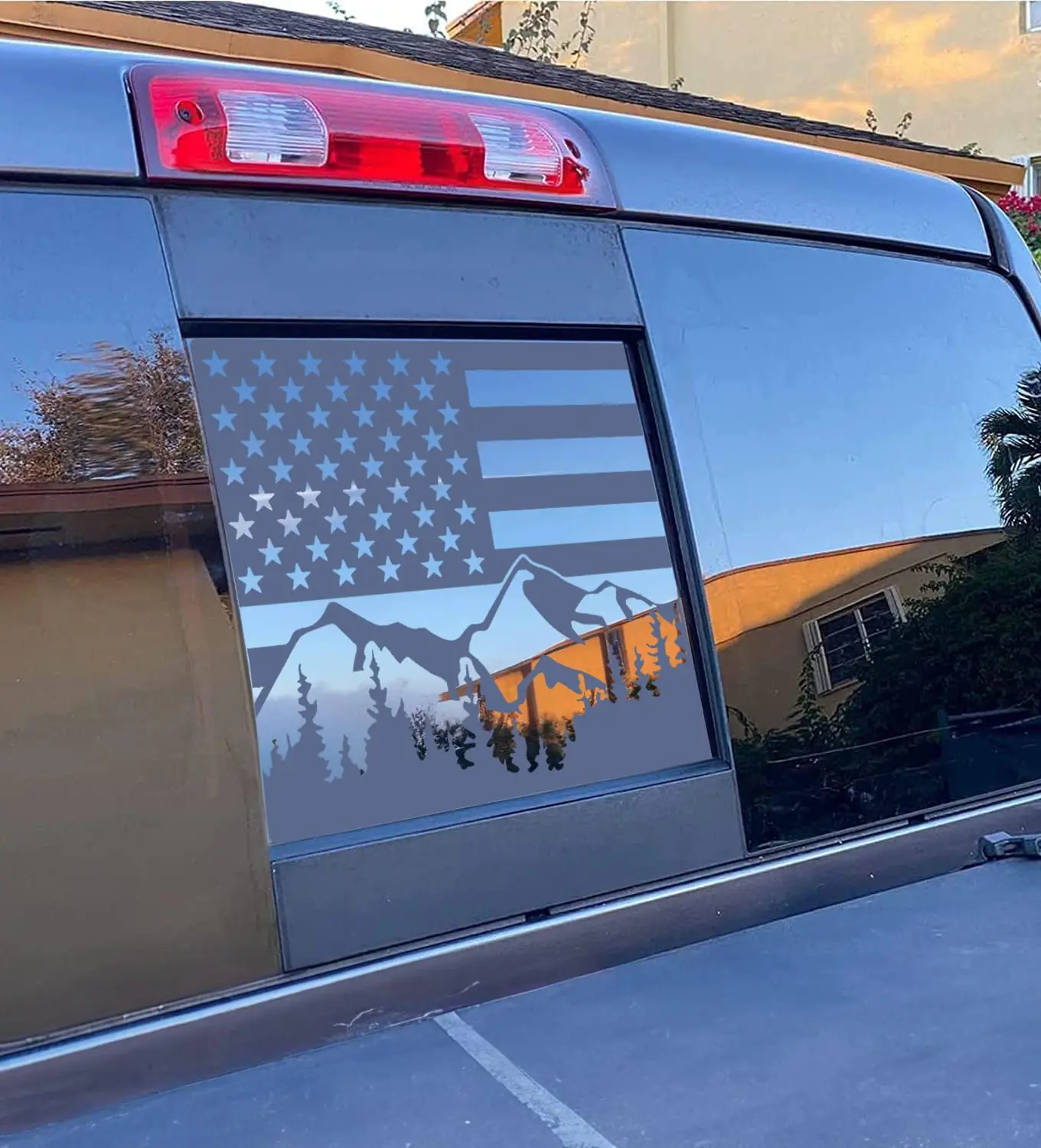 Rear Middle Window Mountain American Flag Decal, Matte Black USA Flag Decal for Pickup Trucks window american flag