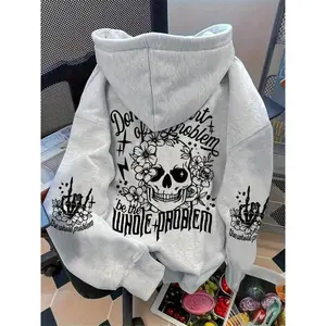 Women'sCasualPolyesterHoodiewithGeometricSkullPrint,Loose-FittingKnitFabric,HoodedSweatshirtwithPocketDetailforFallWinter