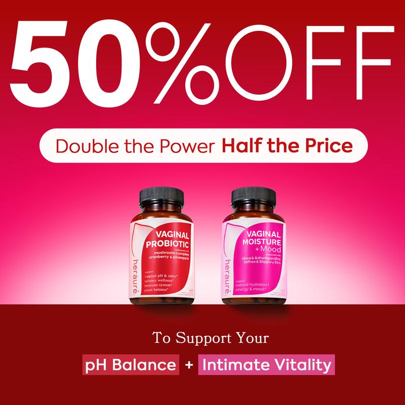 HerAuré Balanced & Moist Bundle | pH Balance, Odor Control, Stress Relief, Energy, Bliss, Relaxation, Flora Health | With 7 Billion CFU Probiotic, 7-in-1 Mushroom Blend, Prebiotic, Ashwagandha, Saffron, Maca, Slippery elm, Sea Moss ,Black Friday