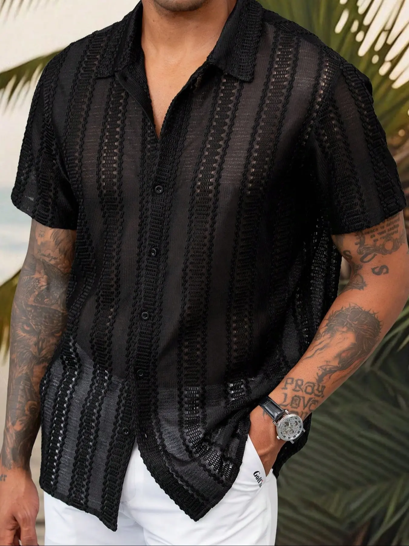 Men's Summer Casual Minimalist Design Hollow Out Jacquard Knit Shirt, Breathable Fabric, Fitted Style, Perfect for Daily Streetwear, Thin Kint Material, Menswear, Casual Beach Shirt, Casual Summer Tops