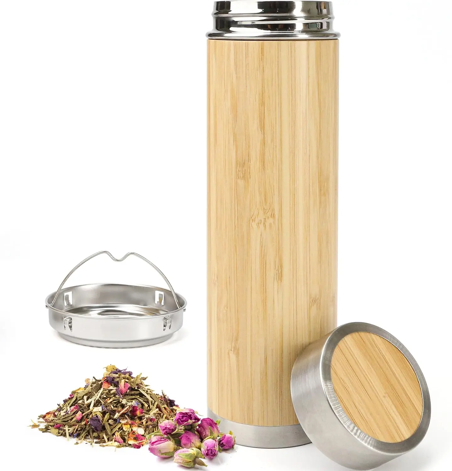17oz Bamboo Tea Infuser Water Bottle, Double Wall Stainless Steel Insulated Travel Mug, Leak Proof Tumbler Cup with Lid, Keeps Hot & Cold, Reusable Coffee & Tea Bottle