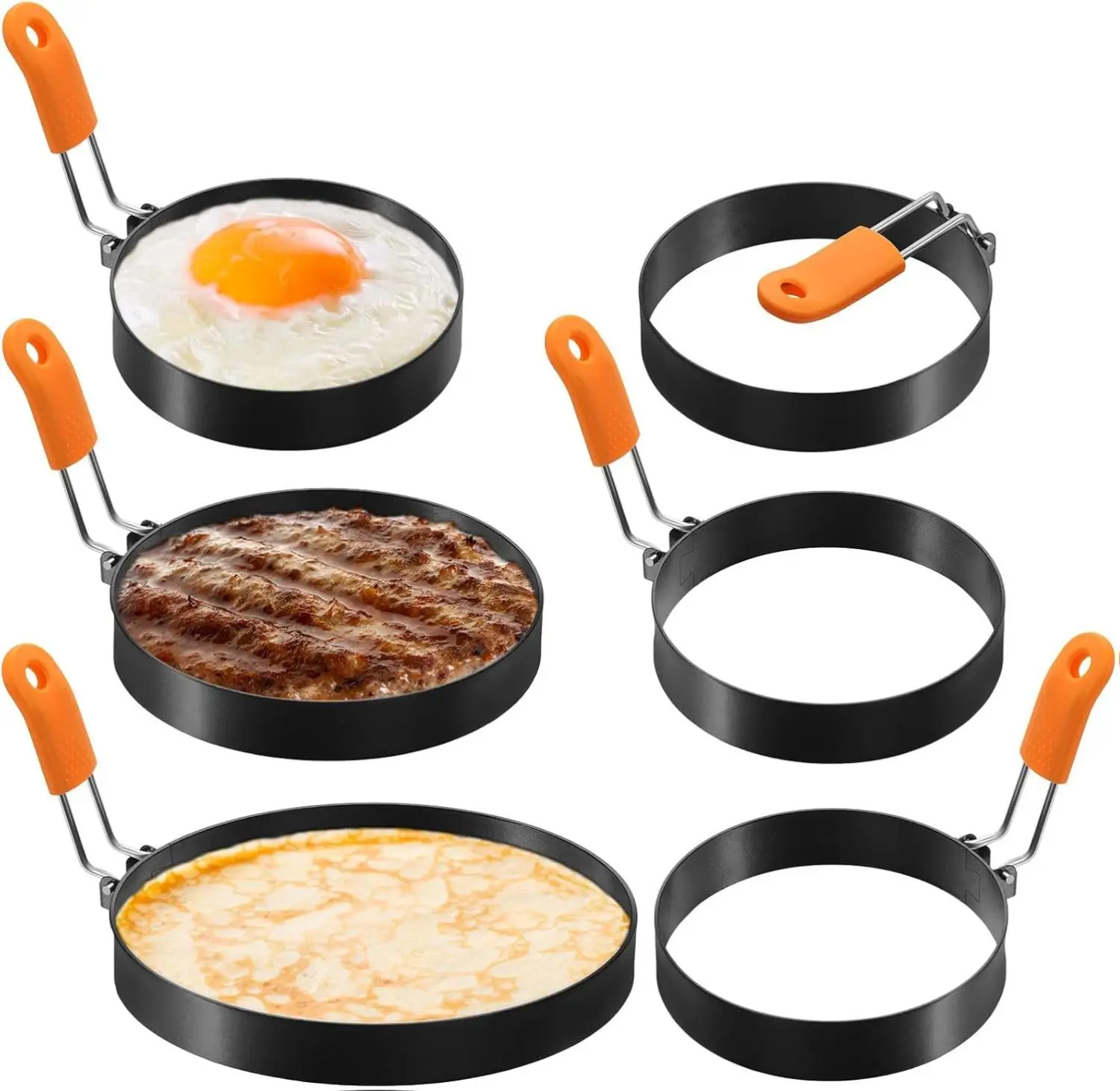 6 Pcs Egg Ring Pancake Ring Set Stainless Steel Fried Egg Molds Griddle Pancake Shapers with Silicone Handle for Breakfast Omelette Sandwich (Round