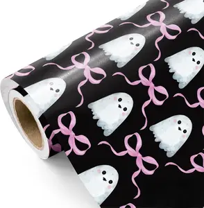 Halloween Wrapping Paper - Mini Roll - 17 Inch x 16.5 Feet - Cute Ghost with Pink Bow Wrapping Paper for Halloween Decorations, Kids Girls Birthday