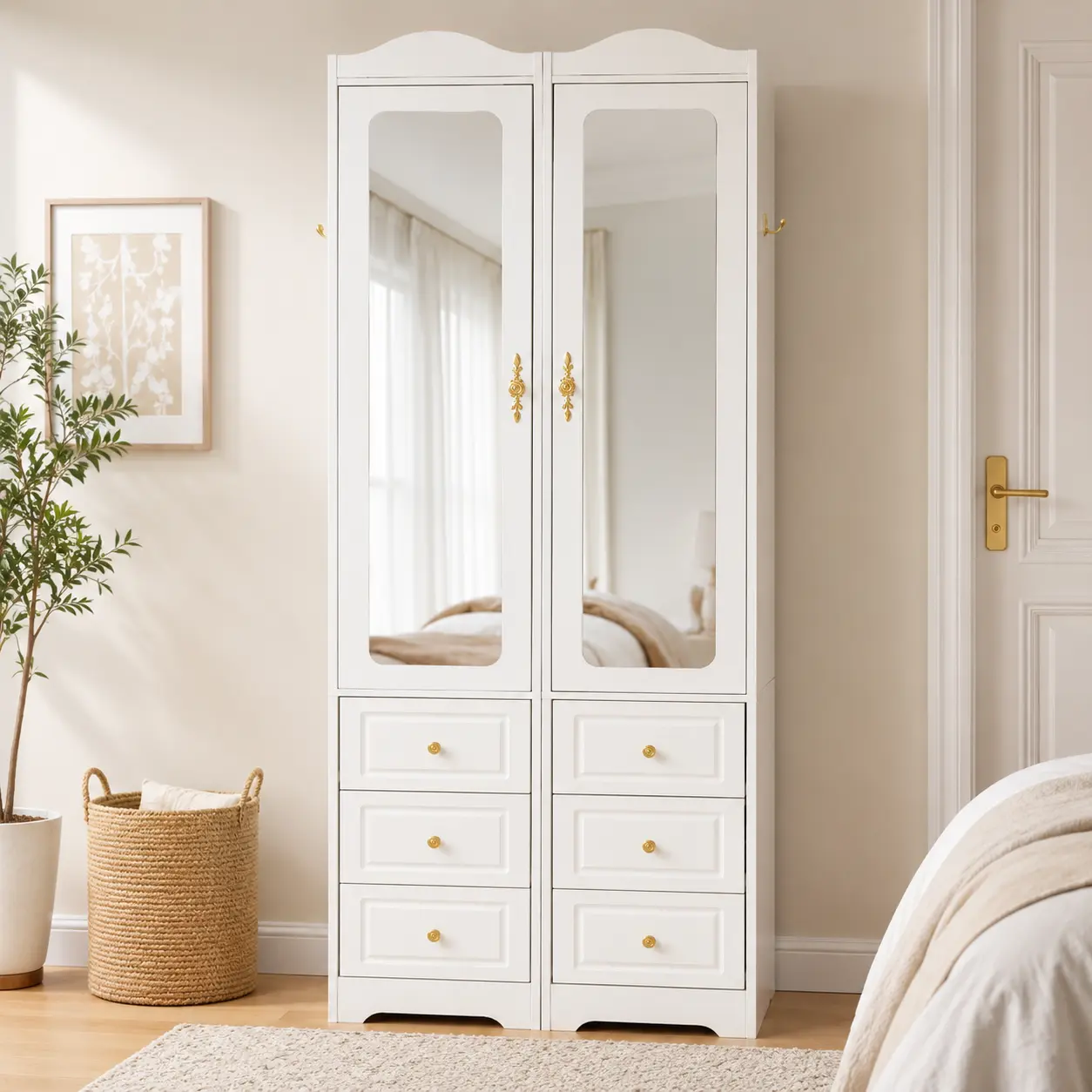 2-Piece White Armoire   Set with Full-Length Mirrors, Smart Sensor LED Lights, 6 Drawers, Hanging Rods and Side Hooks, Freestanding Bedroom Storage Cabinets